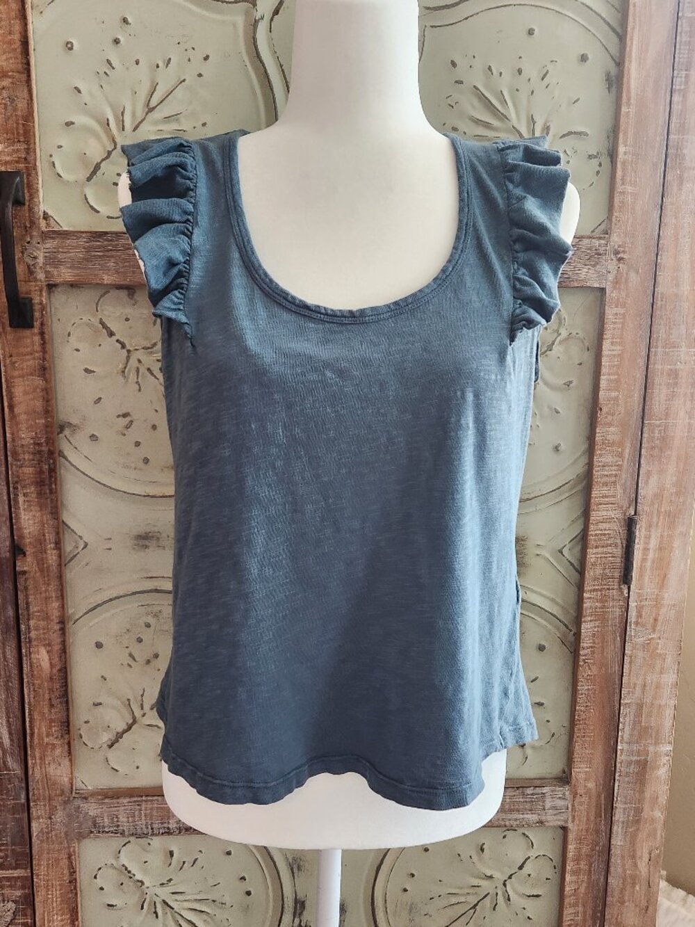 Anthropologie Pilcro Teal Green Sleeveless Cotton Top w/Ruffle Detail | Medium
